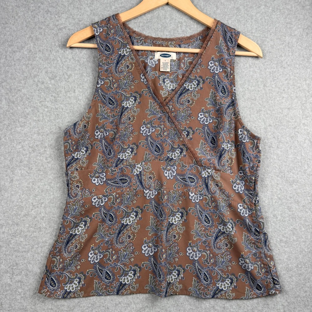 Vintage Old Navy Tank Top Womens Large Brown Paisley Lace Trim Y2K Sleeveless